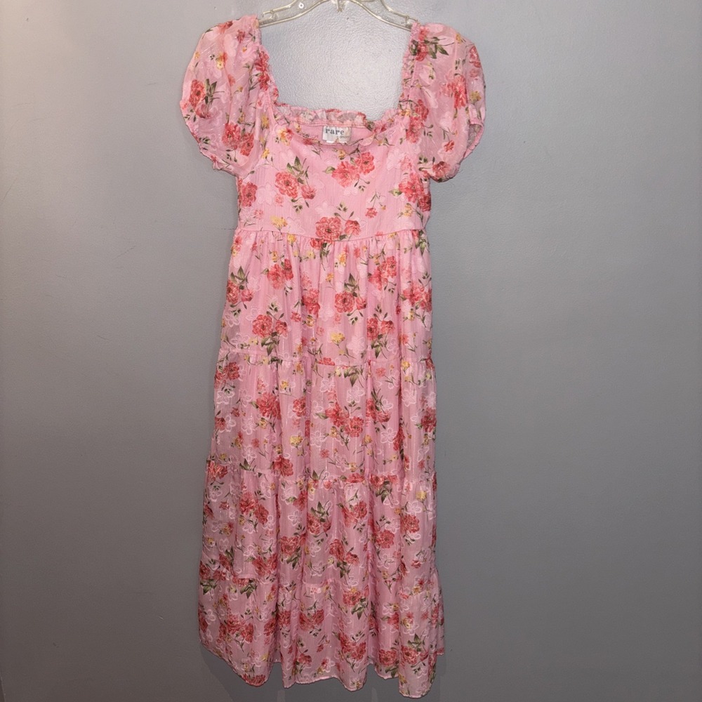 Rare Editions Girls Chiffon Pink Floral Maxi Tiered Dress  Smocked Back XL 14/16